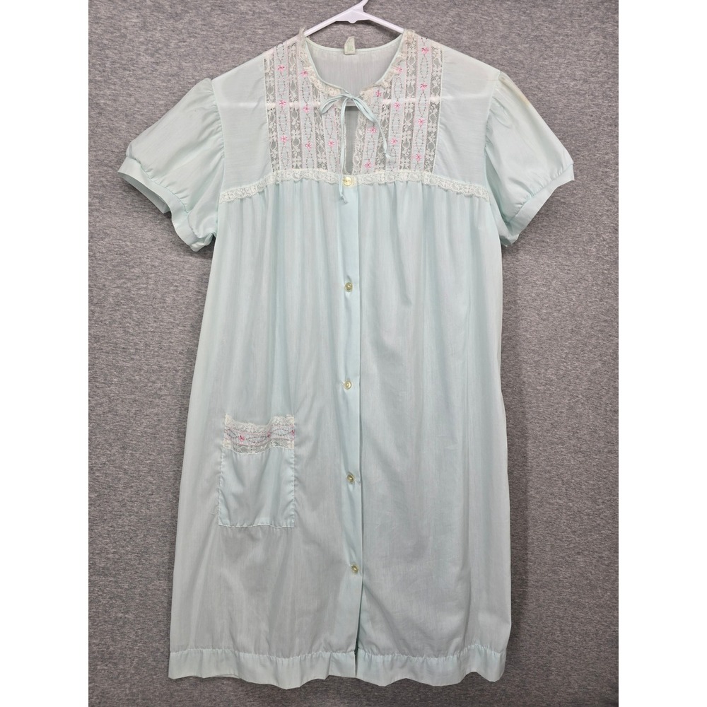 Vintage Pastel Blue Floral Embroidered Lace Trim Button Front Nightgown L